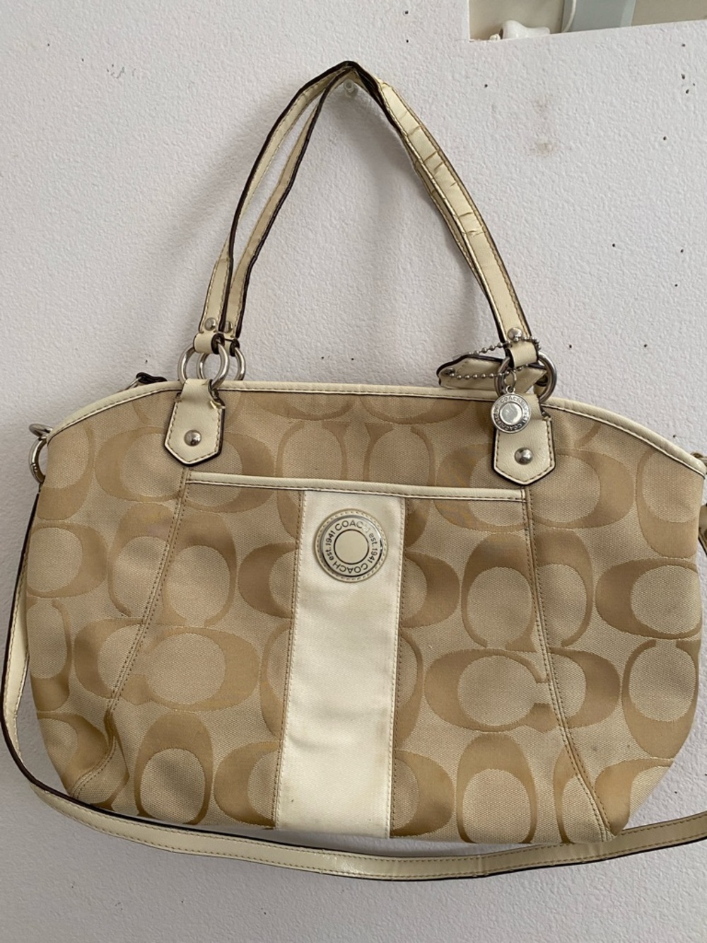 Coach Beige and Cream Signature Canvas Shoulder Bag